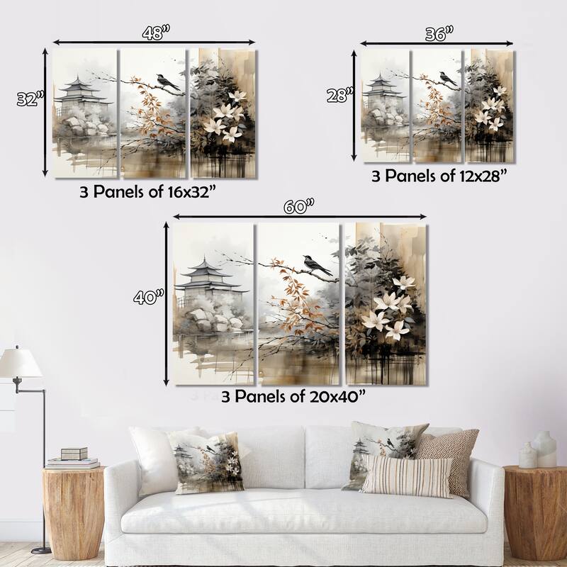 Designart "Asian Art Sumi Bird Serenity I" Asian Canvas Art Print Set